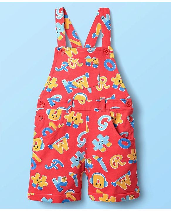 Babyhug Single Jersey Knit Half Sleeves T-Shirt & Dungaree With Alphabet Print - White & Red