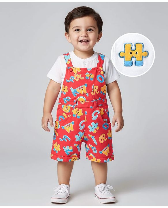 Babyhug Single Jersey Knit Half Sleeves T-Shirt & Dungaree With Alphabet Print - White & Red