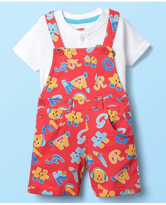 Babyhug Single Jersey Knit Half Sleeves T-Shirt & Dungaree With Alphabet Print - White & Red