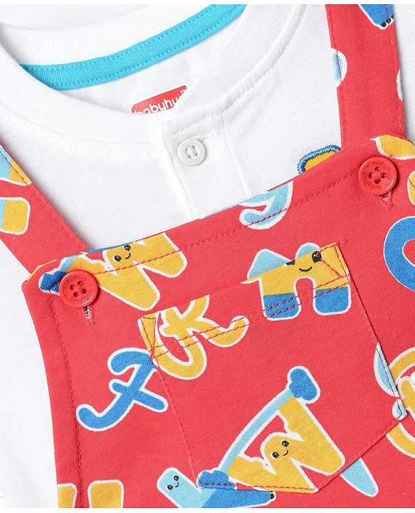 Babyhug Single Jersey Knit Half Sleeves T-Shirt & Dungaree With Alphabet Print - White & Red