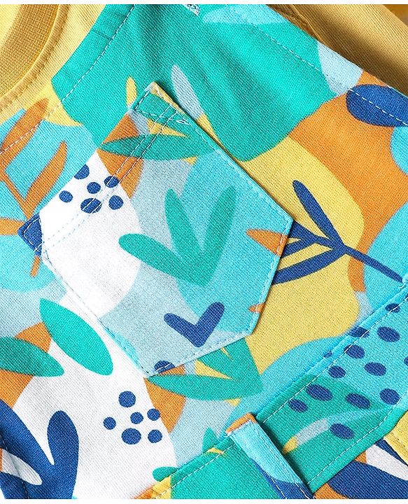 Babyhug Single Jersey Knit Dungaree & Half Sleeves T-Shirt With Leaf Print - Light Blue & Yellow