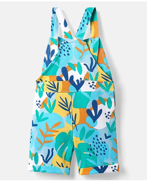 Babyhug Single Jersey Knit Dungaree & Half Sleeves T-Shirt With Leaf Print - Light Blue & Yellow