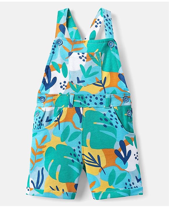 Babyhug Single Jersey Knit Dungaree & Half Sleeves T-Shirt With Leaf Print - Light Blue & Yellow