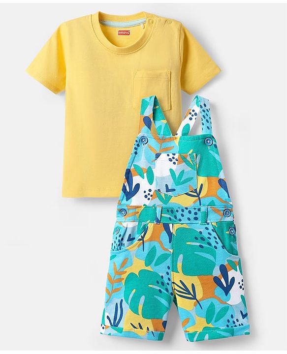 Babyhug Single Jersey Knit Dungaree & Half Sleeves T-Shirt With Leaf Print - Light Blue & Yellow