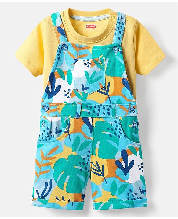 Babyhug Single Jersey Knit Dungaree & Half Sleeves T-Shirt With Leaf Print - Light Blue & Yellow