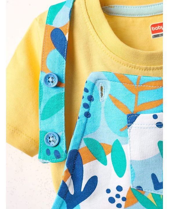 Babyhug Single Jersey Knit Dungaree & Half Sleeves T-Shirt With Leaf Print - Light Blue & Yellow