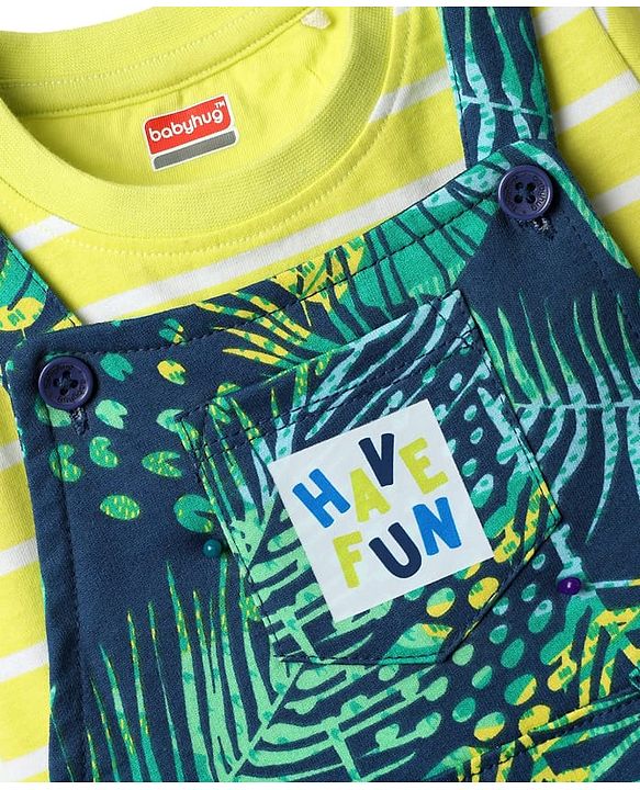 Babyhug Single Jersey Knit Half Sleeves T-Shirt & Dungaree With Tropical Print - Limegreen & Teal Blue