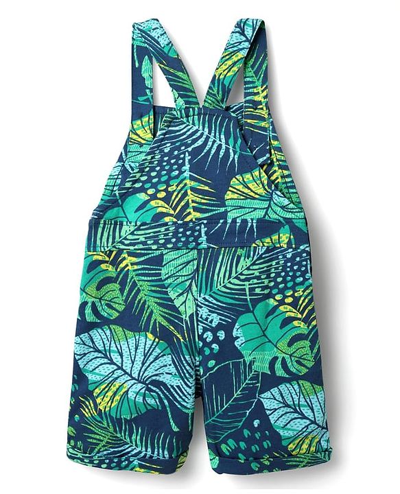 Babyhug Single Jersey Knit Half Sleeves T-Shirt & Dungaree With Tropical Print - Limegreen & Teal Blue