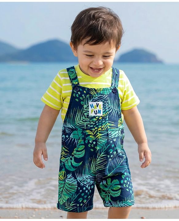 Babyhug Single Jersey Knit Half Sleeves T-Shirt & Dungaree With Tropical Print - Limegreen & Teal Blue