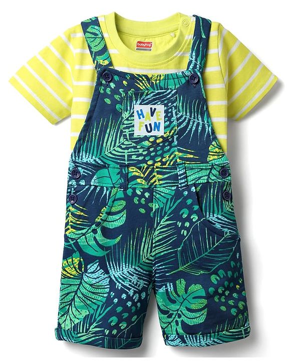 Babyhug Single Jersey Knit Half Sleeves T-Shirt & Dungaree With Tropical Print - Limegreen & Teal Blue