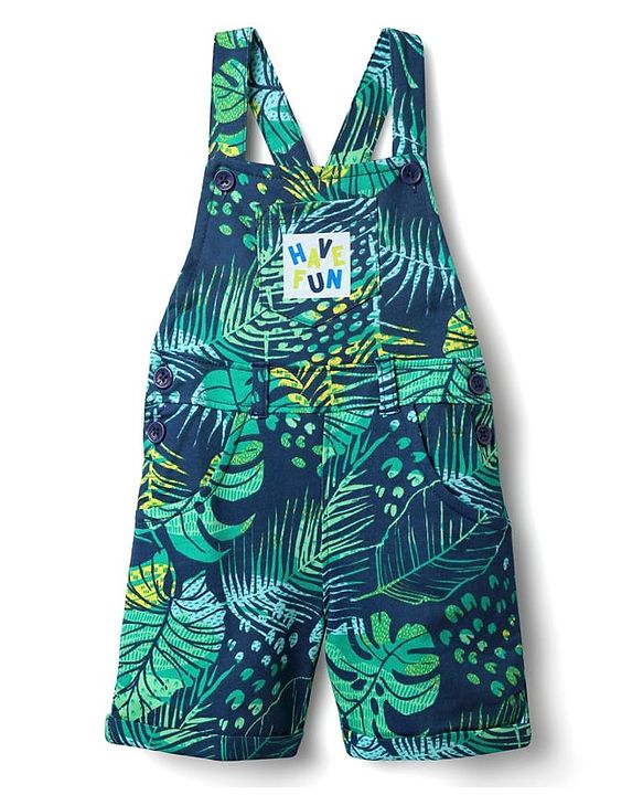 Babyhug Single Jersey Knit Half Sleeves T-Shirt & Dungaree With Tropical Print - Limegreen & Teal Blue