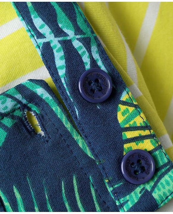 Babyhug Single Jersey Knit Half Sleeves T-Shirt & Dungaree With Tropical Print - Limegreen & Teal Blue