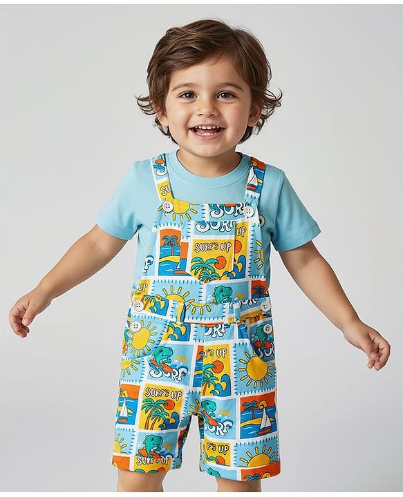 Babyhug Single Jersey Knit Dungarees & Half Sleeves T-Shirt With Tropical Theme Print - Light Blue