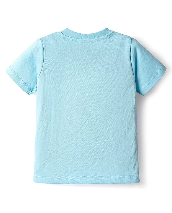 Babyhug Single Jersey Knit Dungarees & Half Sleeves T-Shirt With Tropical Theme Print - Light Blue