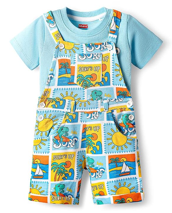 Babyhug Single Jersey Knit Dungarees & Half Sleeves T-Shirt With Tropical Theme Print - Light Blue