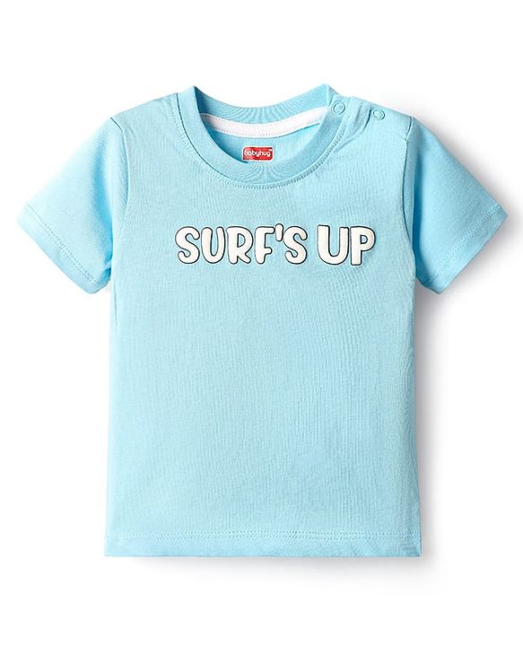 Babyhug Single Jersey Knit Dungarees & Half Sleeves T-Shirt With Tropical Theme Print - Light Blue