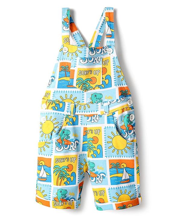 Babyhug Single Jersey Knit Dungarees & Half Sleeves T-Shirt With Tropical Theme Print - Light Blue