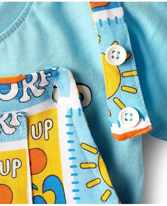 Babyhug Single Jersey Knit Dungarees & Half Sleeves T-Shirt With Tropical Theme Print - Light Blue