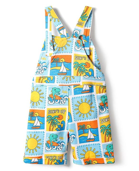 Babyhug Single Jersey Knit Dungarees & Half Sleeves T-Shirt With Tropical Theme Print - Light Blue