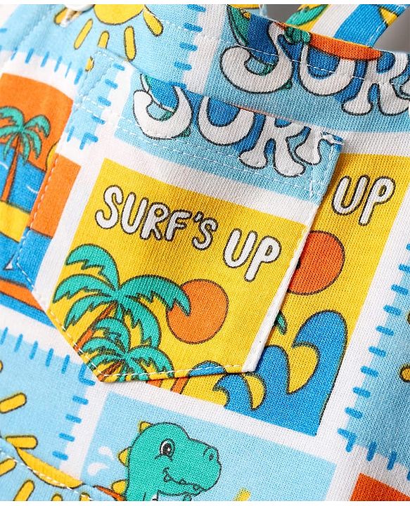Babyhug Single Jersey Knit Dungarees & Half Sleeves T-Shirt With Tropical Theme Print - Light Blue