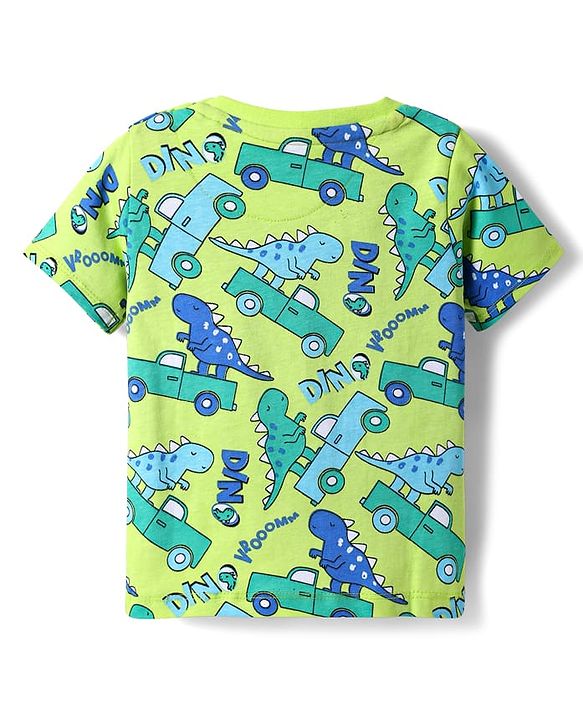 Babyhug Single Jersey Knit Half Sleeves T-Shirt & Shorts Set With Dino & Car Print - Green & Blue