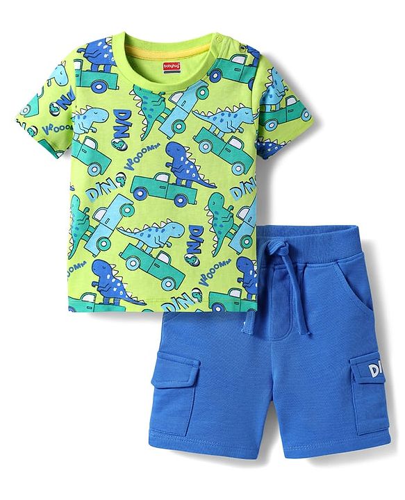 Babyhug Single Jersey Knit Half Sleeves T-Shirt & Shorts Set With Dino & Car Print - Green & Blue
