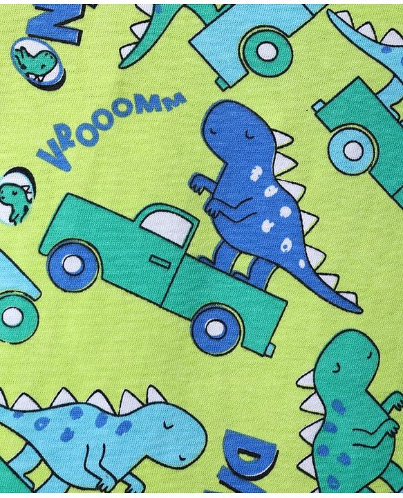 Babyhug Single Jersey Knit Half Sleeves T-Shirt & Shorts Set With Dino & Car Print - Green & Blue