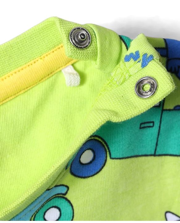 Babyhug Single Jersey Knit Half Sleeves T-Shirt & Shorts Set With Dino & Car Print - Green & Blue
