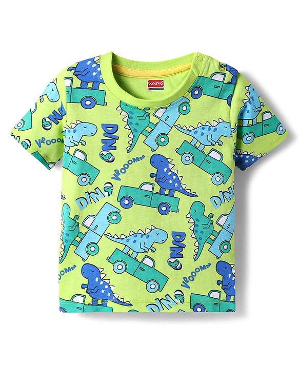 Babyhug Single Jersey Knit Half Sleeves T-Shirt & Shorts Set With Dino & Car Print - Green & Blue