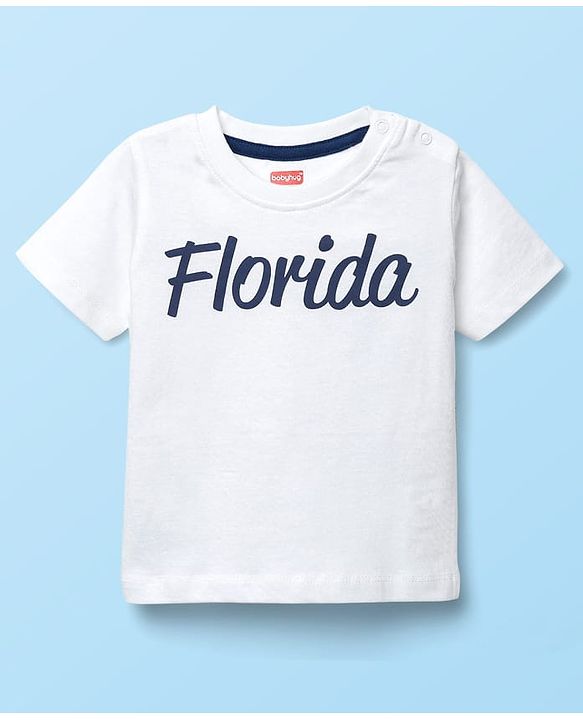 Babyhug Single Jersey Knit Half Sleeves T-Shirt & Dungaree With Tropical Print - White & Navy Blue
