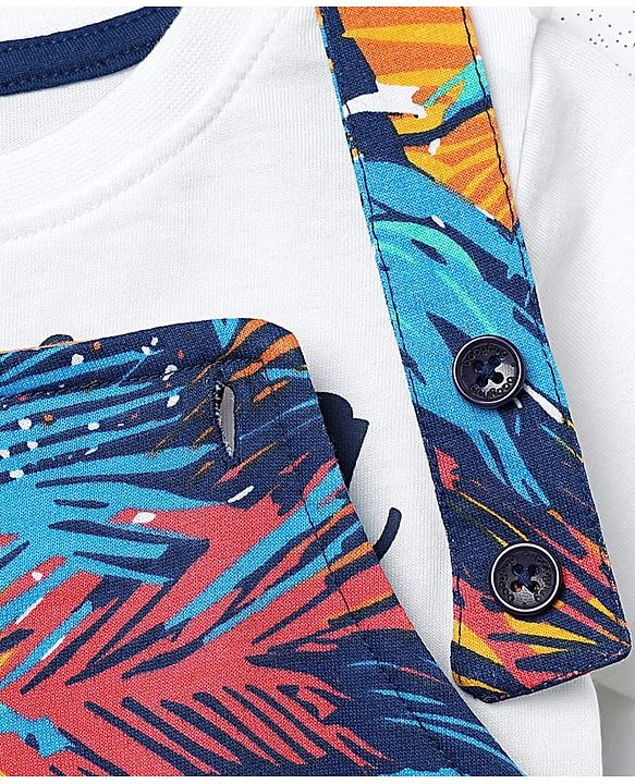 Babyhug Single Jersey Knit Half Sleeves T-Shirt & Dungaree With Tropical Print - White & Navy Blue