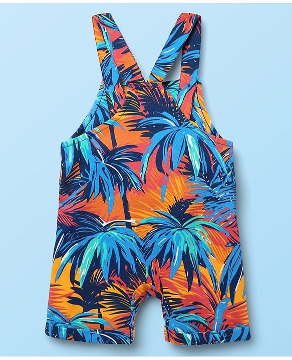 Babyhug Single Jersey Knit Half Sleeves T-Shirt & Dungaree With Tropical Print - White & Navy Blue