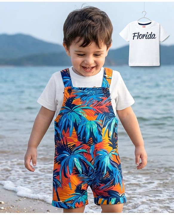 Babyhug Single Jersey Knit Half Sleeves T-Shirt & Dungaree With Tropical Print - White & Navy Blue