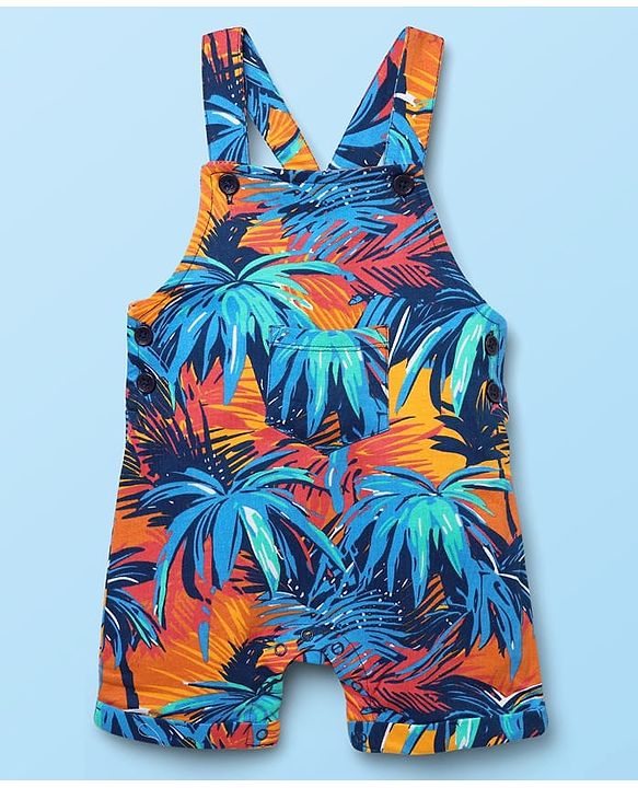 Babyhug Single Jersey Knit Half Sleeves T-Shirt & Dungaree With Tropical Print - White & Navy Blue