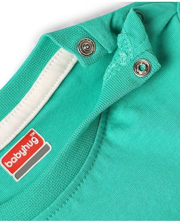 Babyhug Single Jersey Knit Tropical Print Dungarees & Half Sleeves Solid Colour Inner Tee - Sea Green