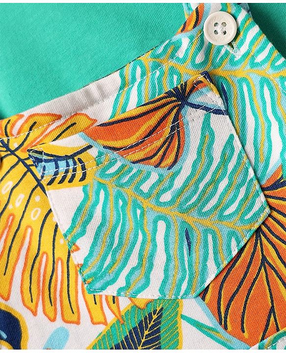 Babyhug Single Jersey Knit Tropical Print Dungarees & Half Sleeves Solid Colour Inner Tee - Sea Green