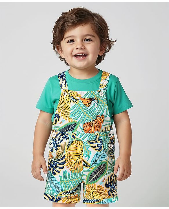 Babyhug Single Jersey Knit Tropical Print Dungarees & Half Sleeves Solid Colour Inner Tee - Sea Green