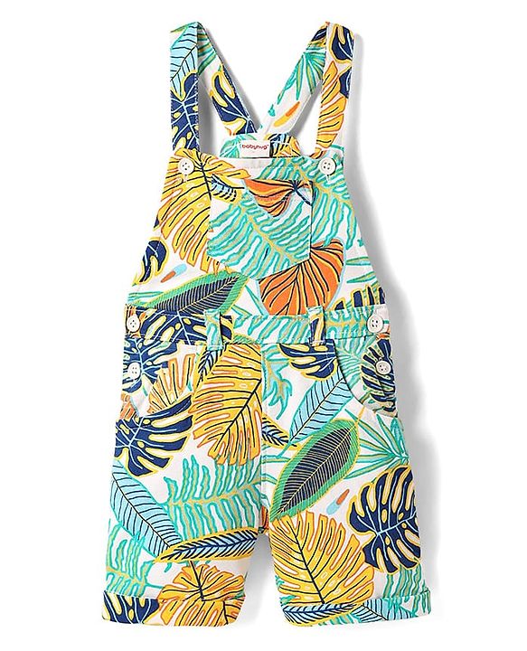 Babyhug Single Jersey Knit Tropical Print Dungarees & Half Sleeves Solid Colour Inner Tee - Sea Green