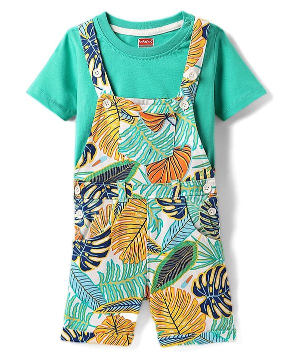 Babyhug Single Jersey Knit Tropical Print Dungarees & Half Sleeves Solid Colour Inner Tee - Sea Green