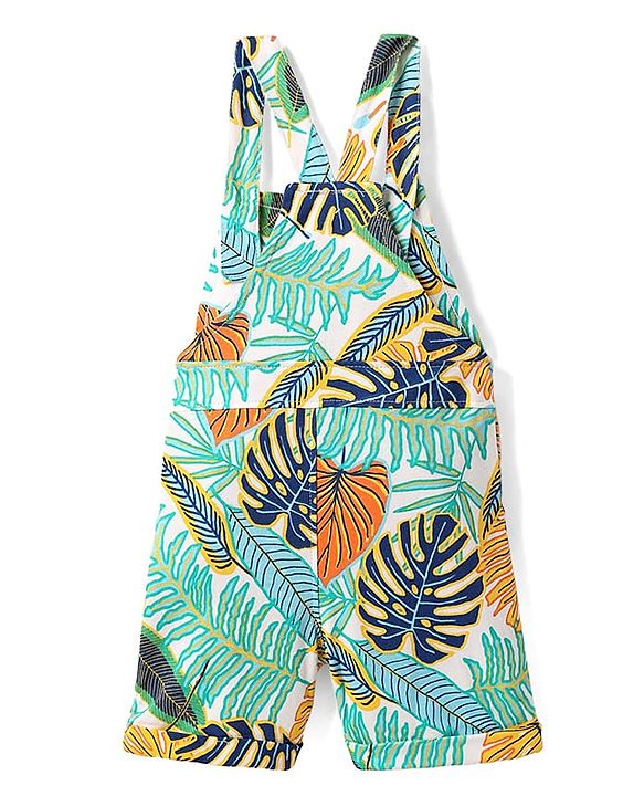 Babyhug Single Jersey Knit Tropical Print Dungarees & Half Sleeves Solid Colour Inner Tee - Sea Green