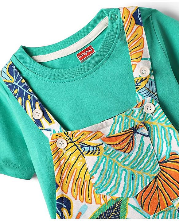 Babyhug Single Jersey Knit Tropical Print Dungarees & Half Sleeves Solid Colour Inner Tee - Sea Green