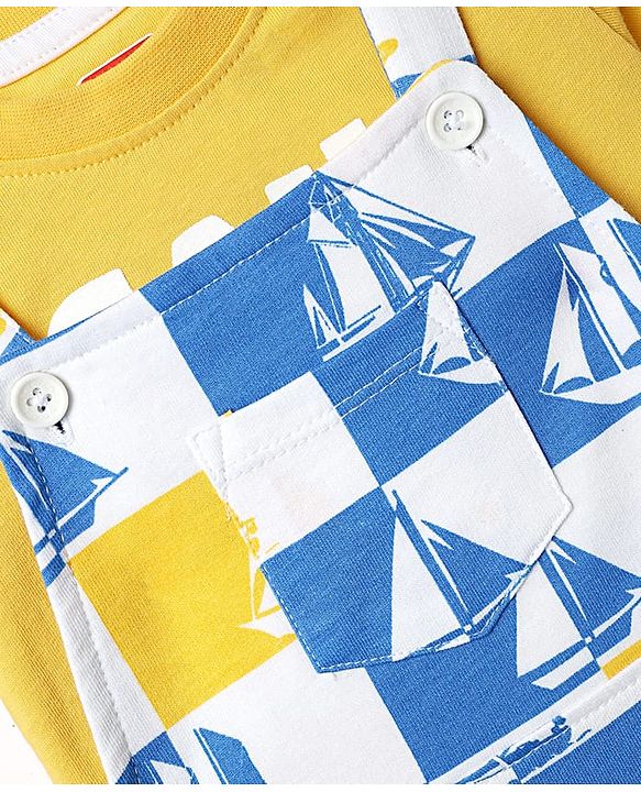 Babyhug Single Jersey Knit Half Sleeves T-Shirt & Dungaree With Boat Print - Yellow & Blue