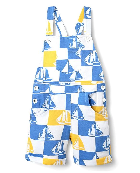 Babyhug Single Jersey Knit Half Sleeves T-Shirt & Dungaree With Boat Print - Yellow & Blue