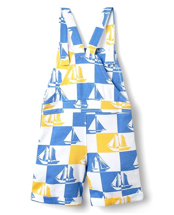 Babyhug Single Jersey Knit Half Sleeves T-Shirt & Dungaree With Boat Print - Yellow & Blue