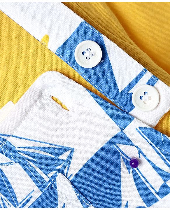 Babyhug Single Jersey Knit Half Sleeves T-Shirt & Dungaree With Boat Print - Yellow & Blue