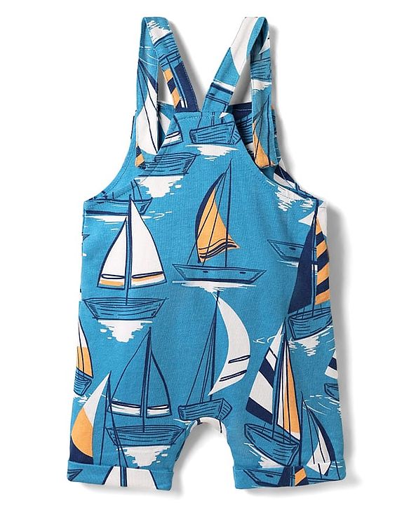 Babyhug Single Jersey Knit Nautical Theme Print Dunagaree & Half Sleeves Inner Tee - Blue