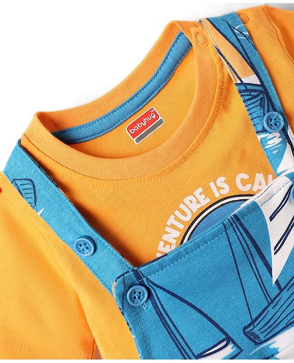 Babyhug Single Jersey Knit Nautical Theme Print Dunagaree & Half Sleeves Inner Tee - Blue