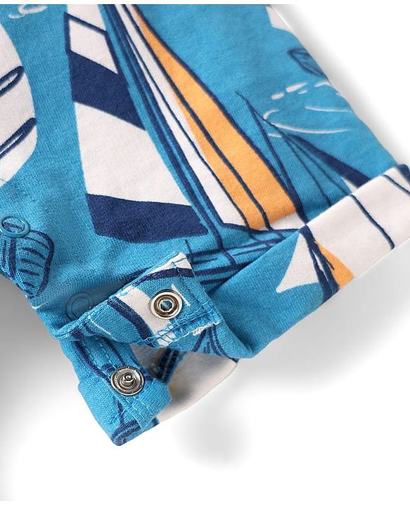 Babyhug Single Jersey Knit Nautical Theme Print Dunagaree & Half Sleeves Inner Tee - Blue