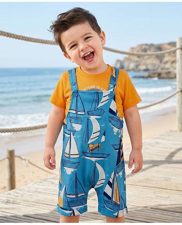 Babyhug Single Jersey Knit Nautical Theme Print Dunagaree & Half Sleeves Inner Tee - Blue