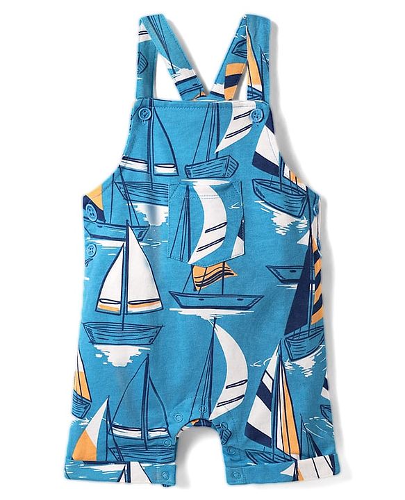Babyhug Single Jersey Knit Nautical Theme Print Dunagaree & Half Sleeves Inner Tee - Blue